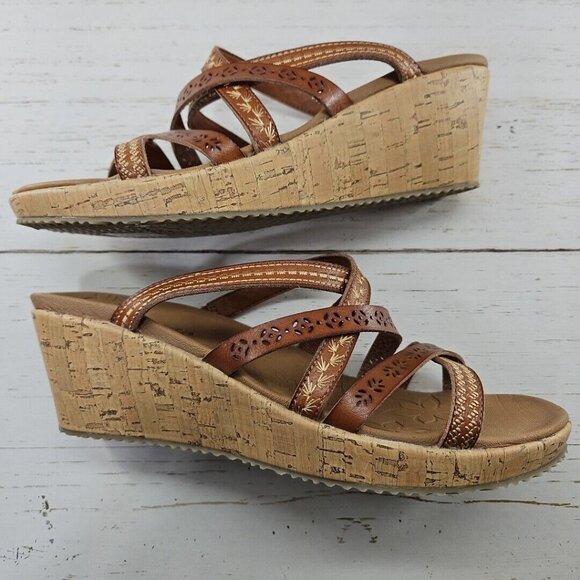 Skechers Womens Size 11 Beverlee Tiger Posse Brown Laser Cut‎ Open Toe Wedges - Picture 8 of 11